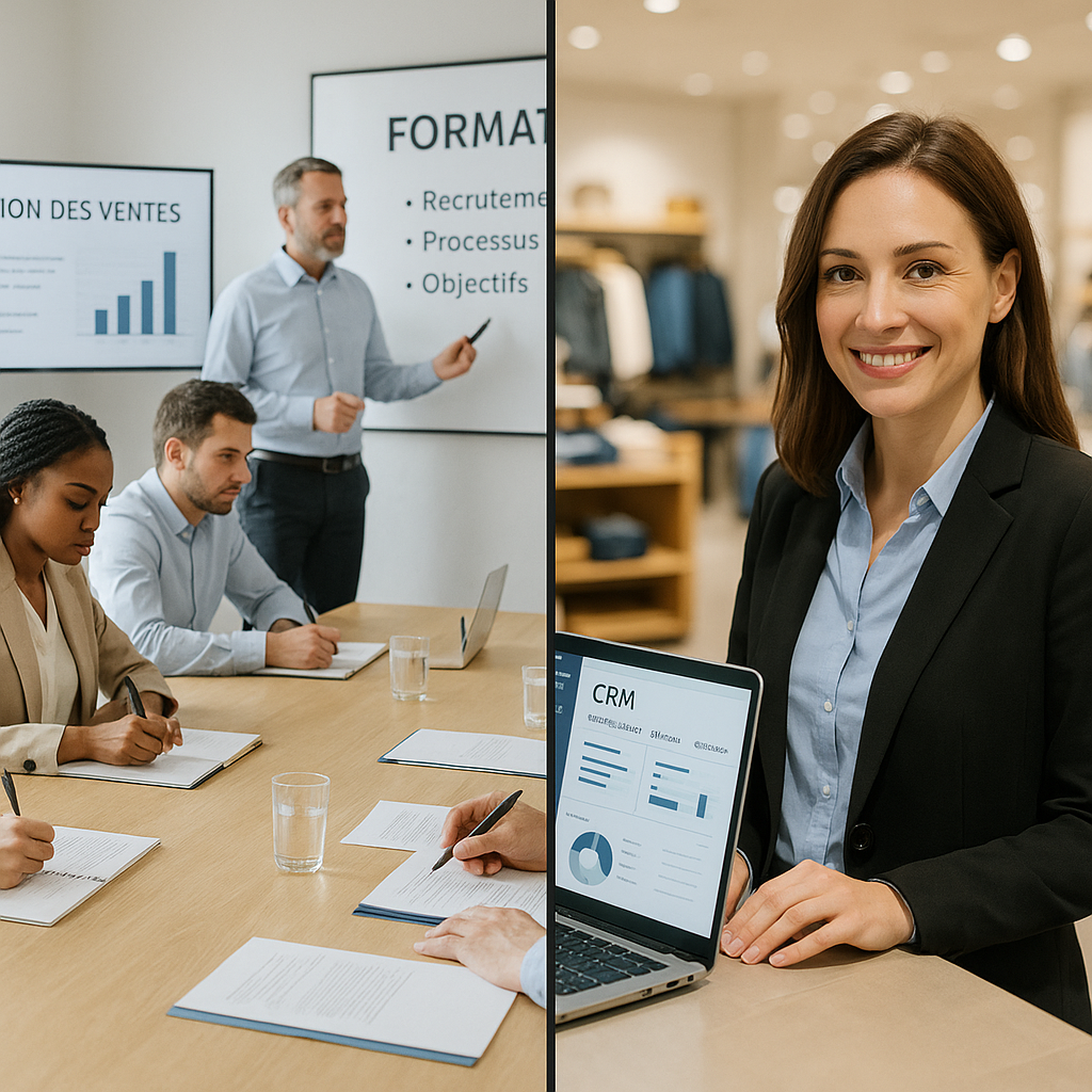 photographic A realistic photo showing a business training setting with two contrasting scenes On one side a group of internal sales recruits in a cor-1