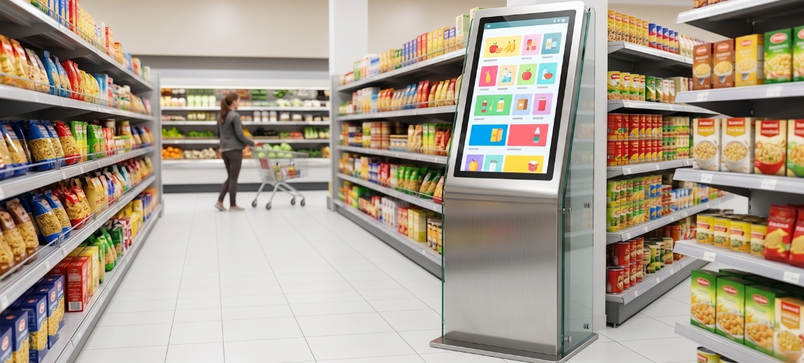 Borne interactive merchandising phygital en grande surface
