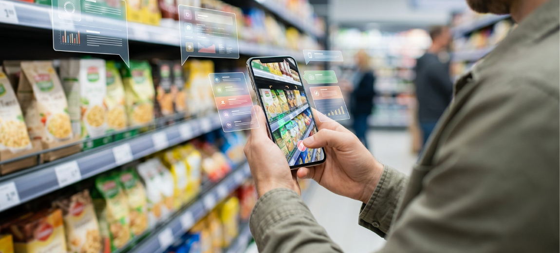 Client utilisant la réalité augmentée en rayon merchandising phygital