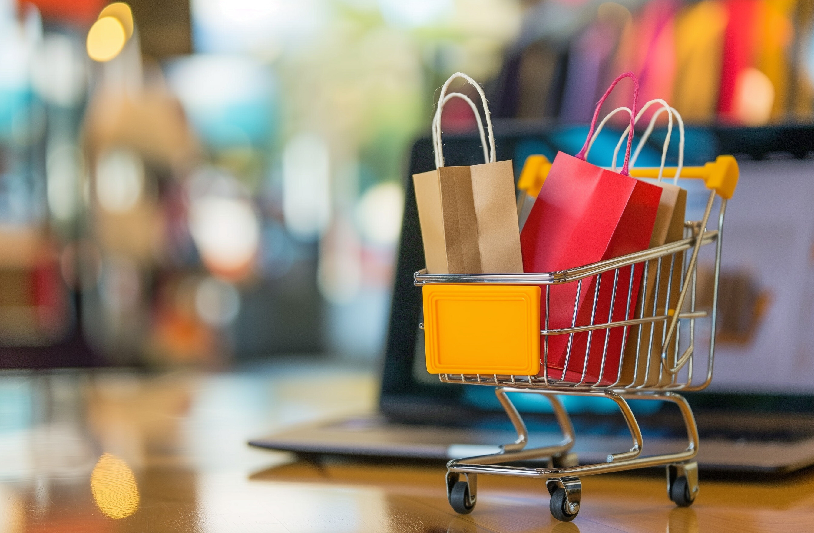 caddie-rempli-de-sacs-devant-un-ordinateur-portable