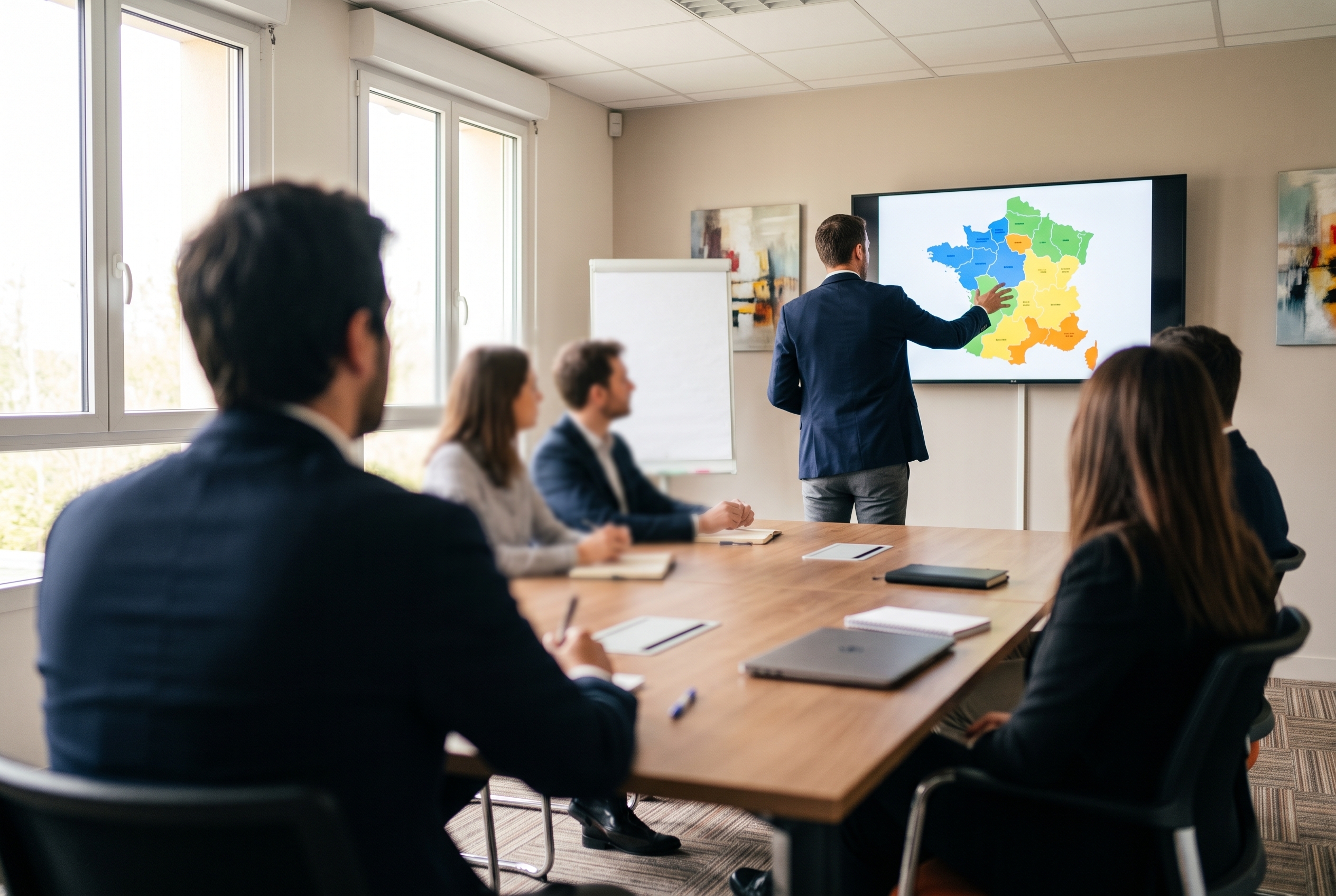 Responsable commercial présentant une carte des secteurs à une équipe de commerciaux terrain